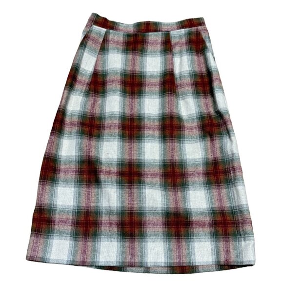 VTG MIDI SKIRT SZ M BROWN GREEN RED WOOL BLEND A-LINE POCKETS COLLEGE TOWN WOMEN - Picture 1 of 3